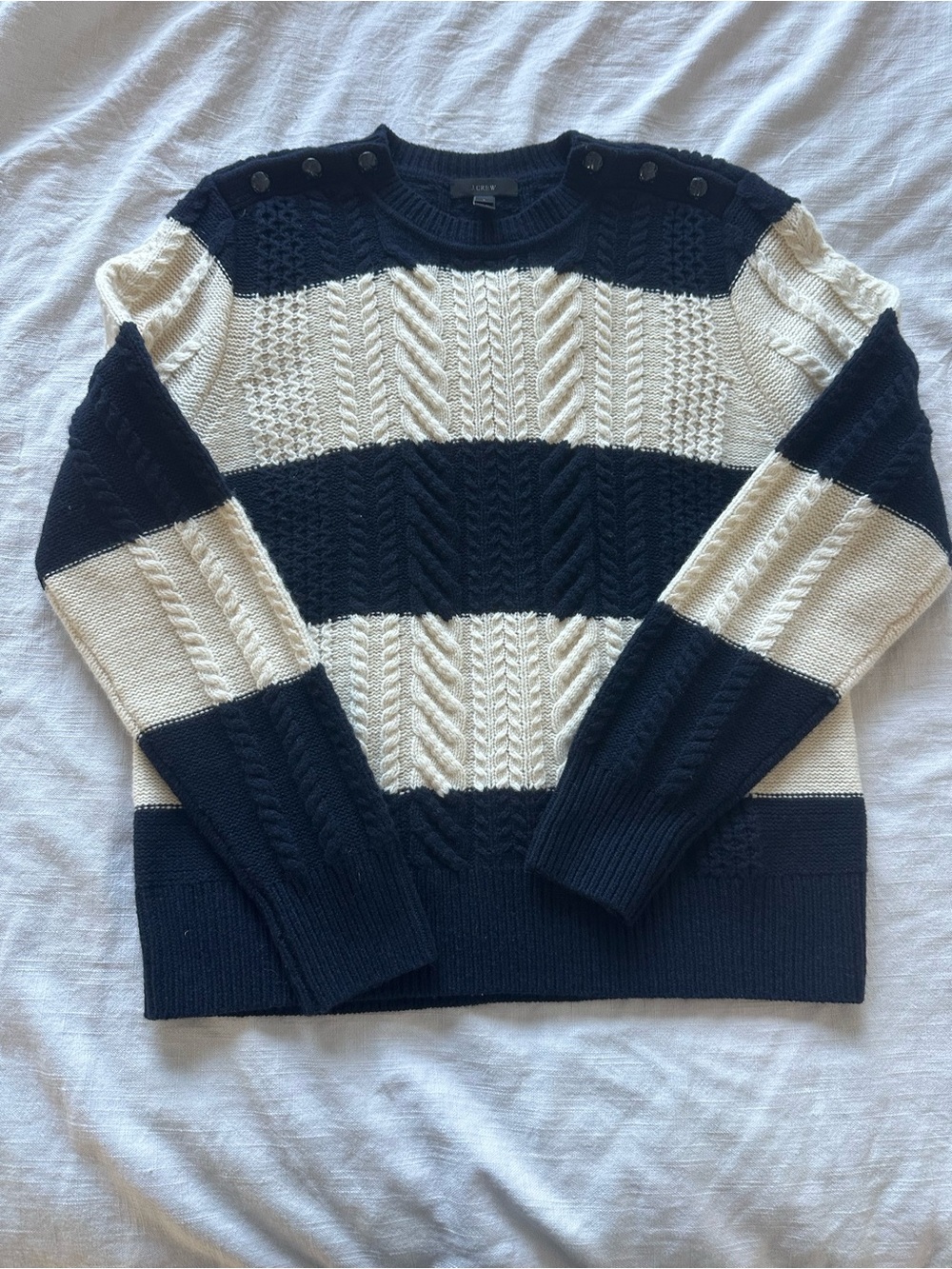 J. Crew Woman’s Striped Cable-Knit Crewneck Sweater in Navy & Cream 100% Wool